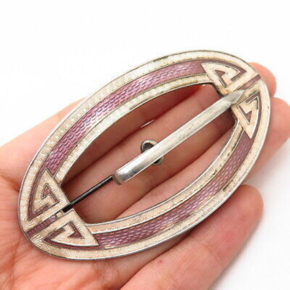 925 Sterling Silver Antique Enamel Oval Belt Buckle Design Pin Brooch